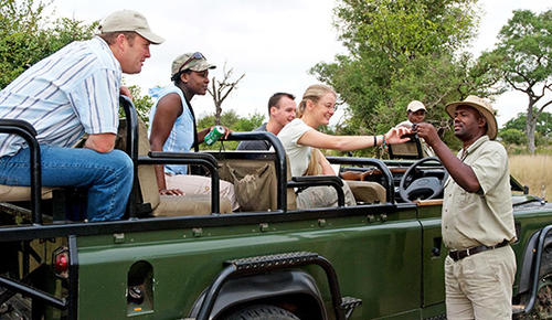  Guests on a game drive at Nottens Camp in Sabi Sands.